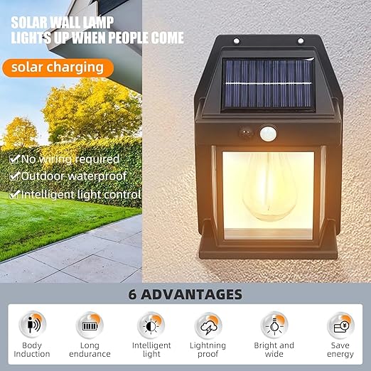 Solar Motion Sensor Fence Wall Lights with 3 Modes IP65 Waterproof Outdoor LED Lantern Sconce Solar Lights for Security Courtyard Garde Garage Decorative (1-PCs Multi)