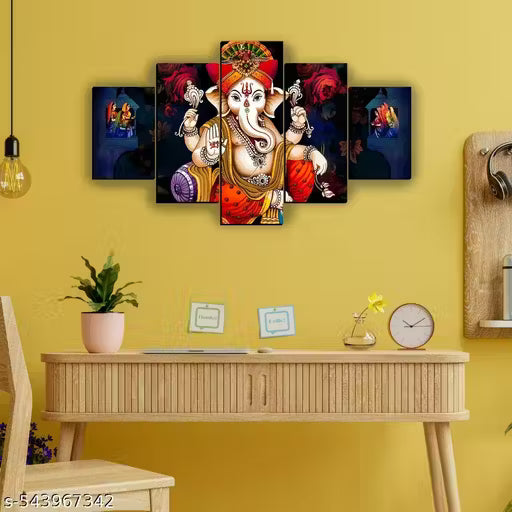 Spiritual Ganesh Home Decor Digital Reprint Painting 30x18 inches (5 Panel Painting)