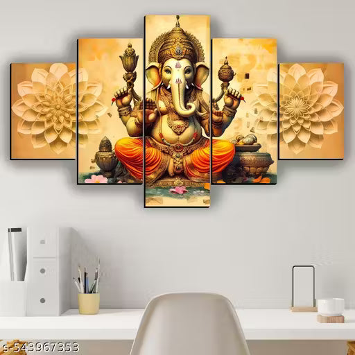 Big Ganesh Ji Home Decor Digital Reprint Painting 30x18 inches (5 Panel Painting)