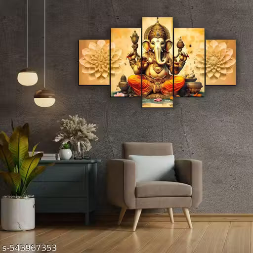 Big Ganesh Ji Home Decor Digital Reprint Painting 30x18 inches (5 Panel Painting)